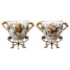 Important Pair of Enamel Hand-Painted White Opaline Vases Signed by Baccarat