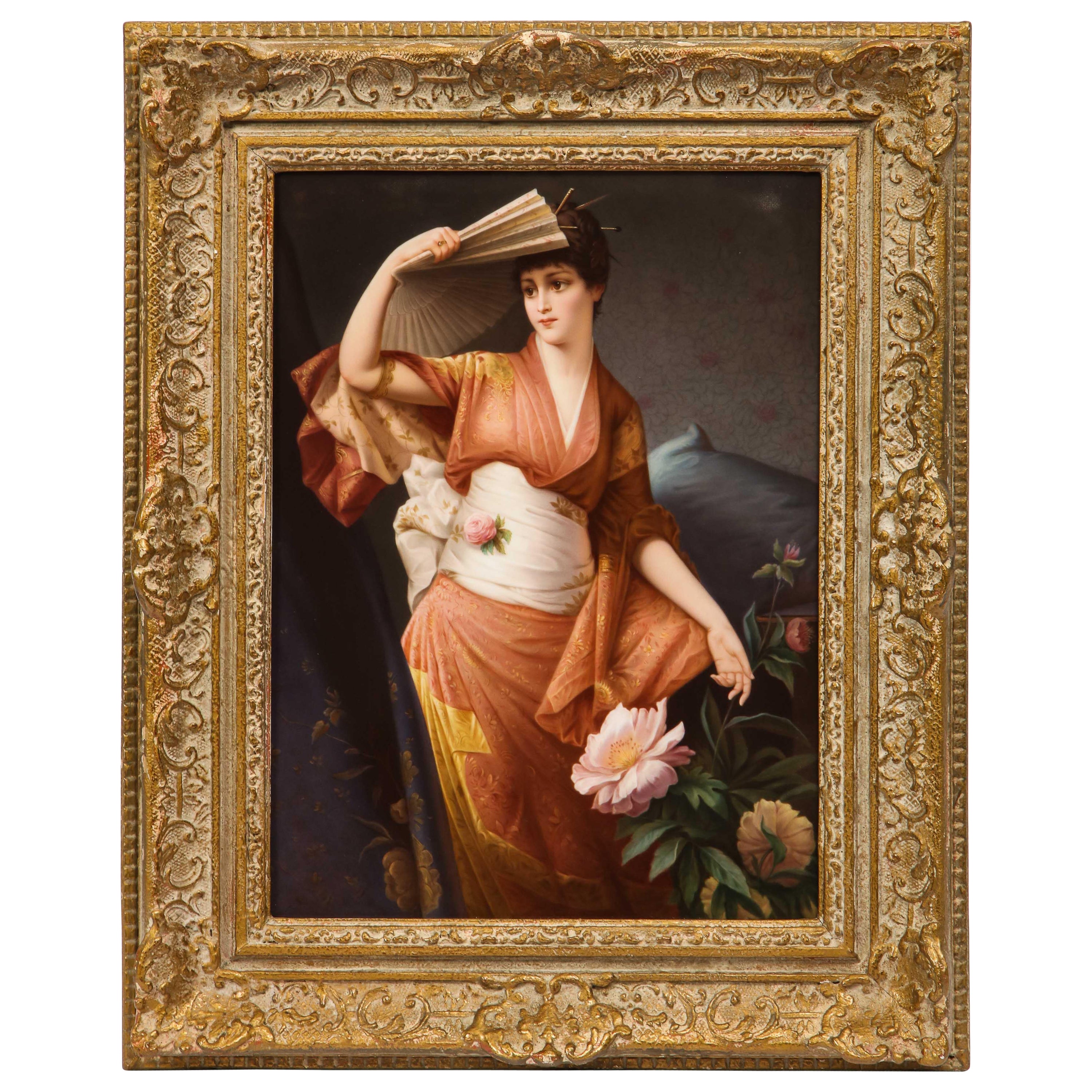 A KPM Hand-Painted Porcelain Plaque of a Japonism Beauty, Signed Wagner