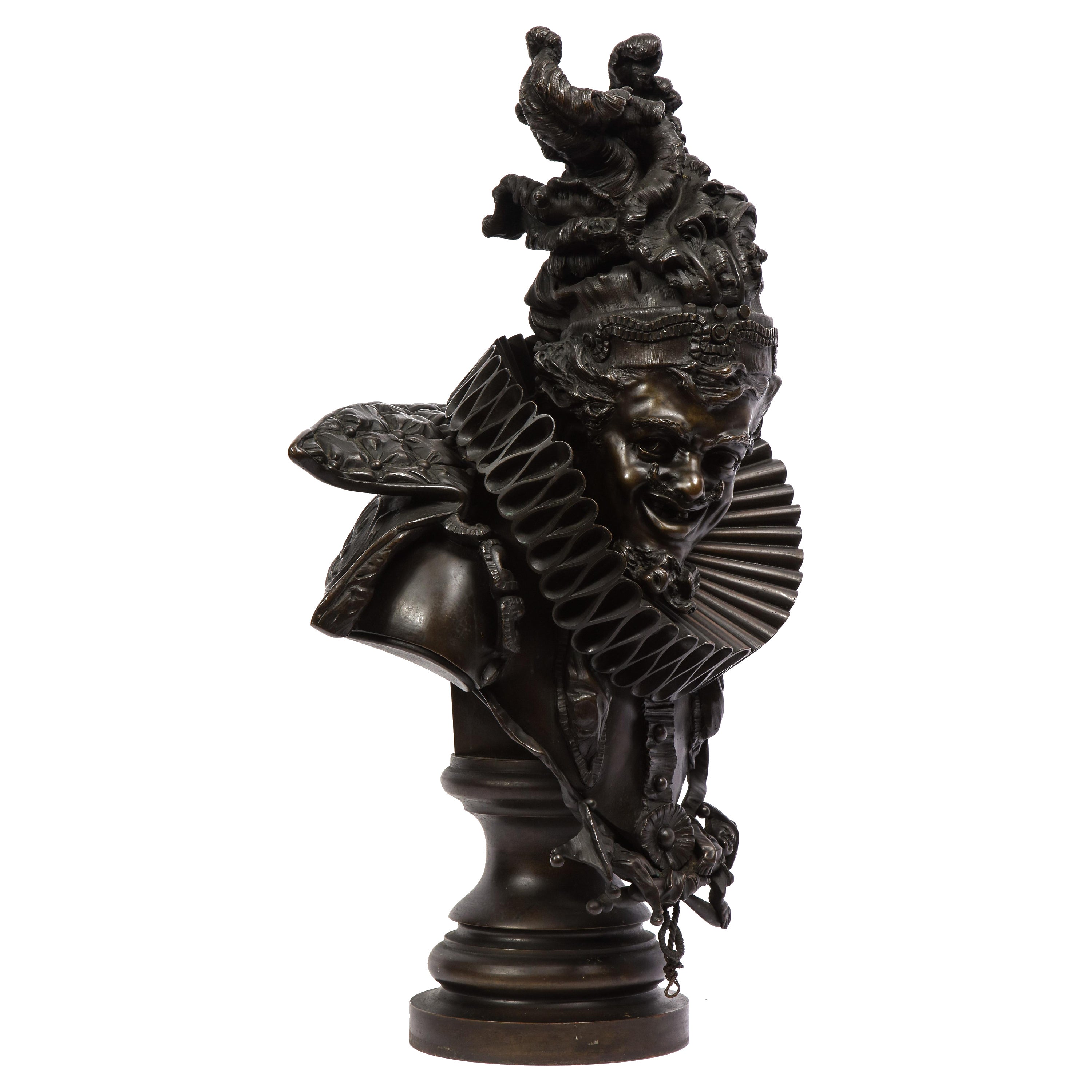 Italian Bronze Bust of a Court Jester, Signed Antonio Pandiani For Sale