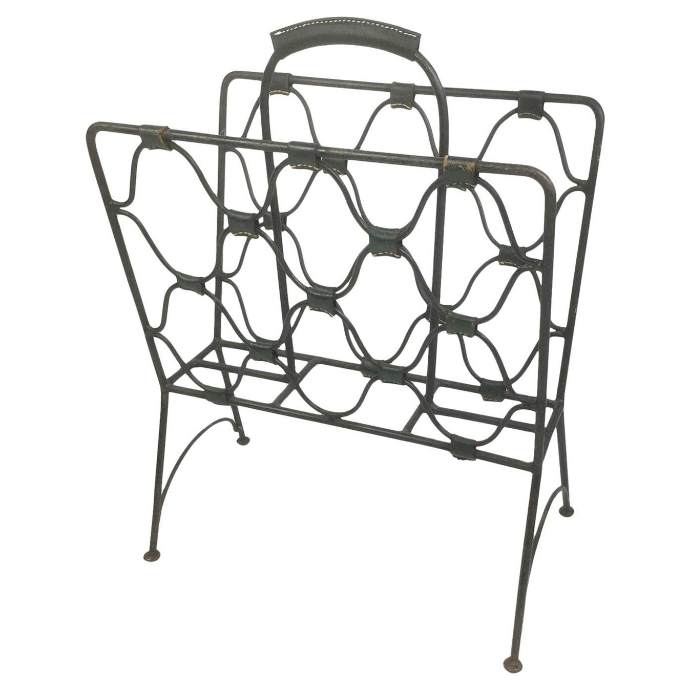 Jacques Adnet Magazine Rack in Wrought Iron and Green Leather from the 1940s For Sale