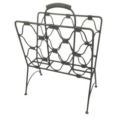 Jacques Adnet Magazine Rack in Wrought Iron and Green Leather from the 1940s
