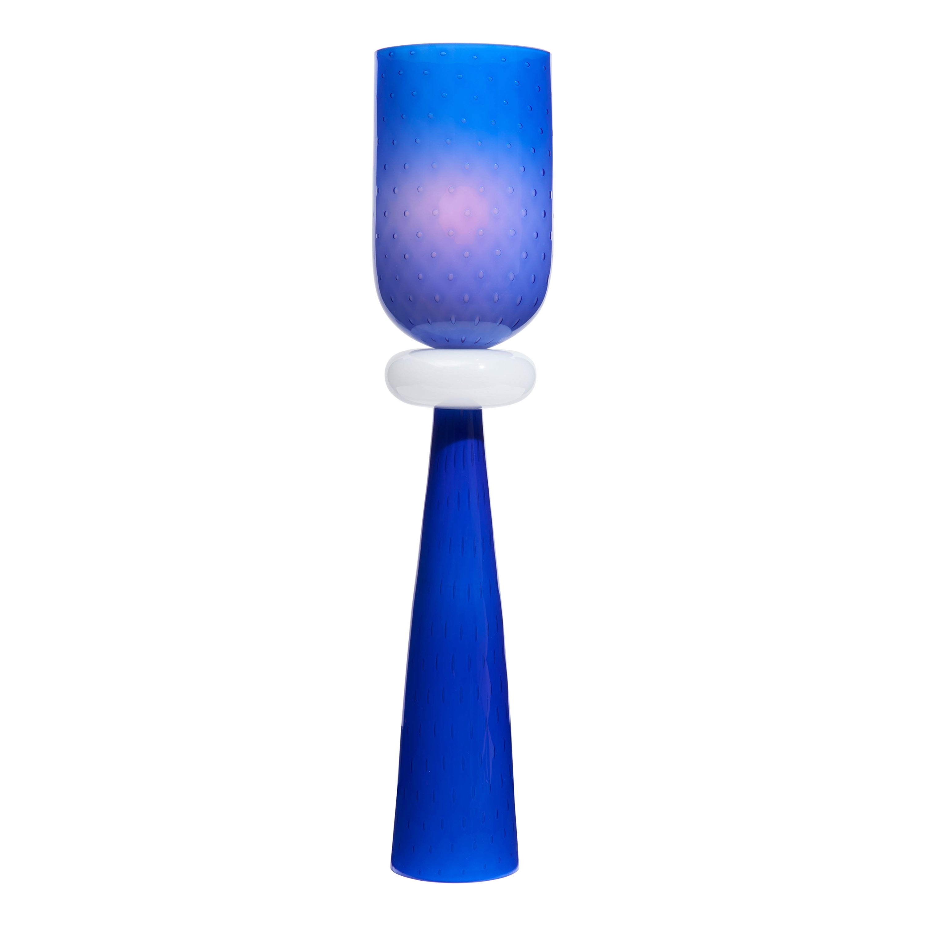 Venetian Style Hand Blown Glass Totem 3 Cobalt Blue and White Table Lamp For Sale