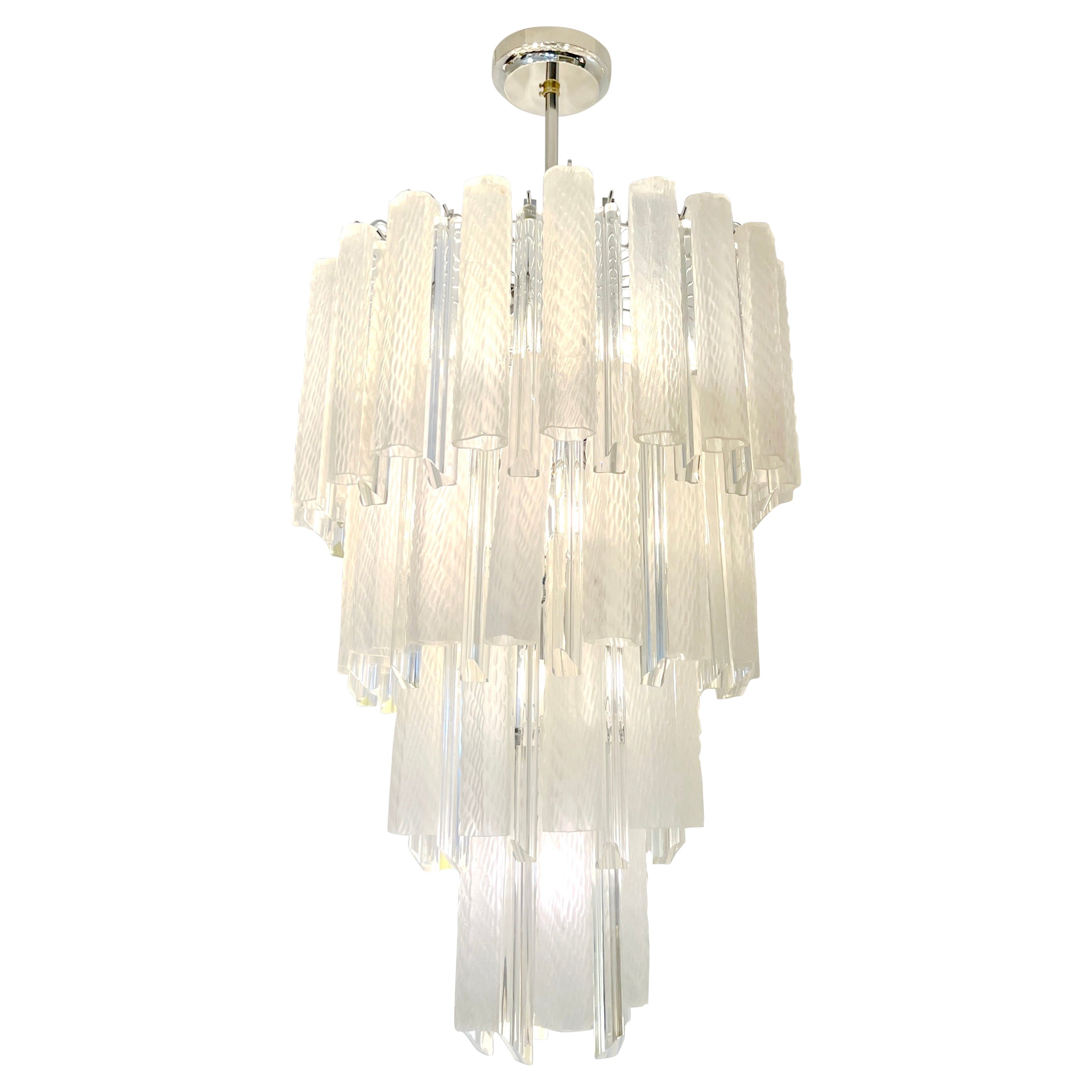 Venini 1960s Cylinder Crystal and White Murano Glass Round Chandelier on Nickel For Sale
