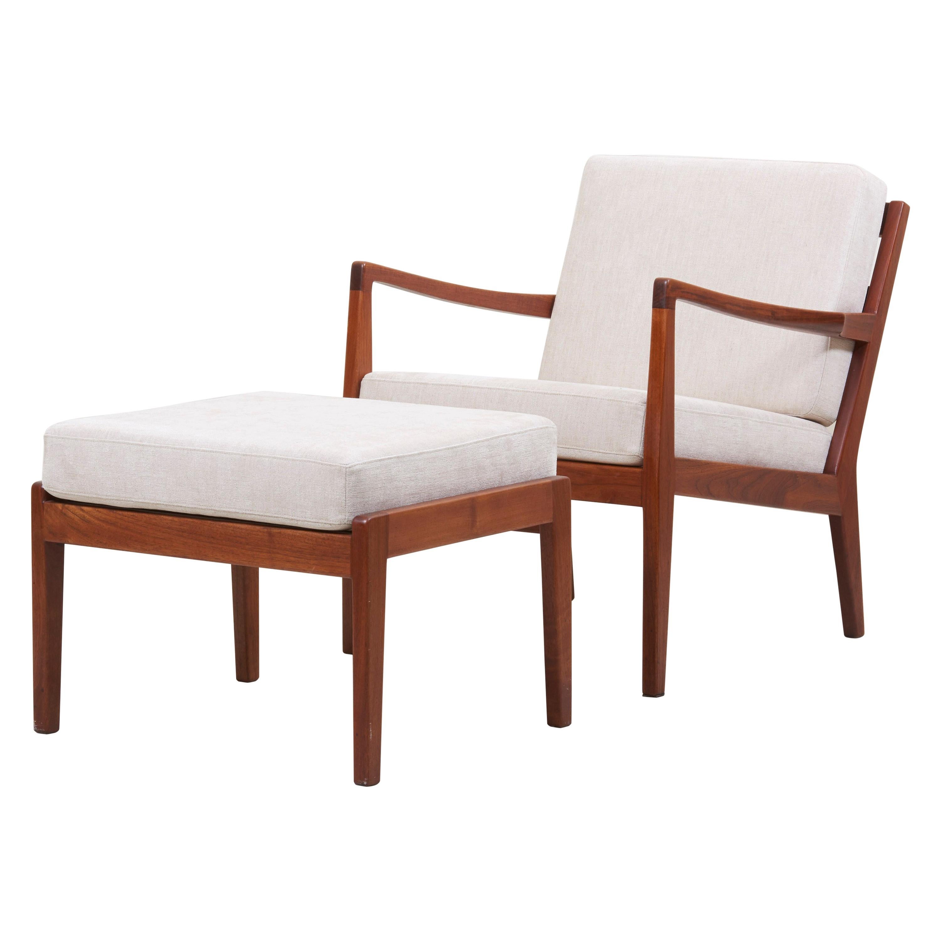 Newly Upholstered White Lounge Chair with Ottoman by Arden Riddle, 1960s