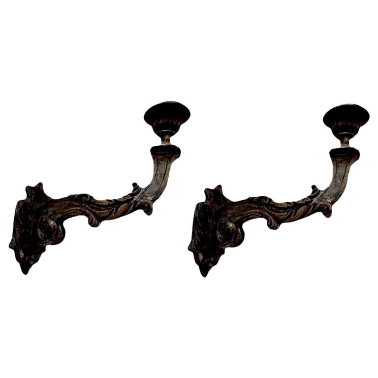 Monumental Pair of 18th Century Venetian Silver Giltwood Sconces For Sale