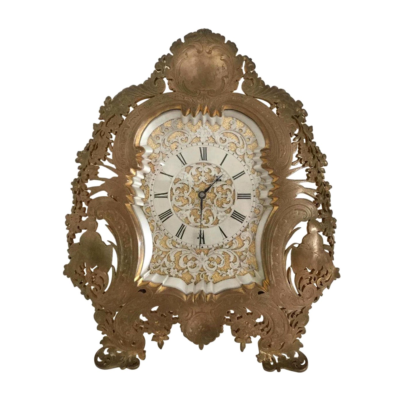 English Gilt Bronze Strut Clock with Decorative Filigree Face, circa 1880 For Sale
