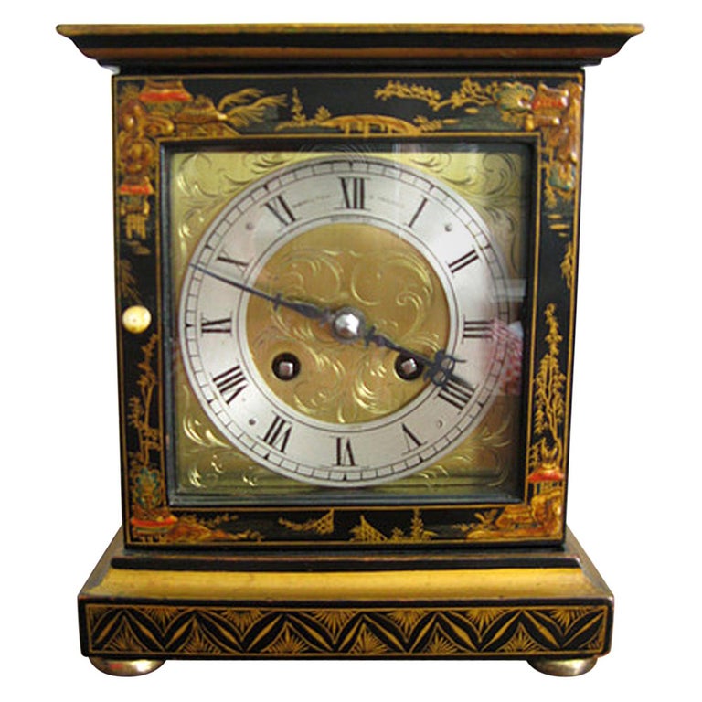 Black Chinoiserie Chiming Mantel Clock Retailed By Hamilton & Inches Edinburgh For Sale