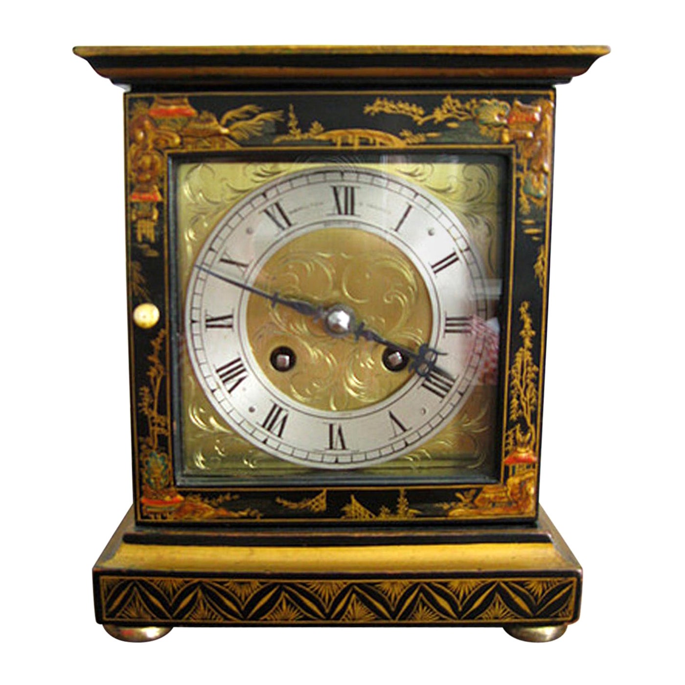 Black Chinoiserie Mantel Clock, Retailed by Hamilton & Inches, circa 1920