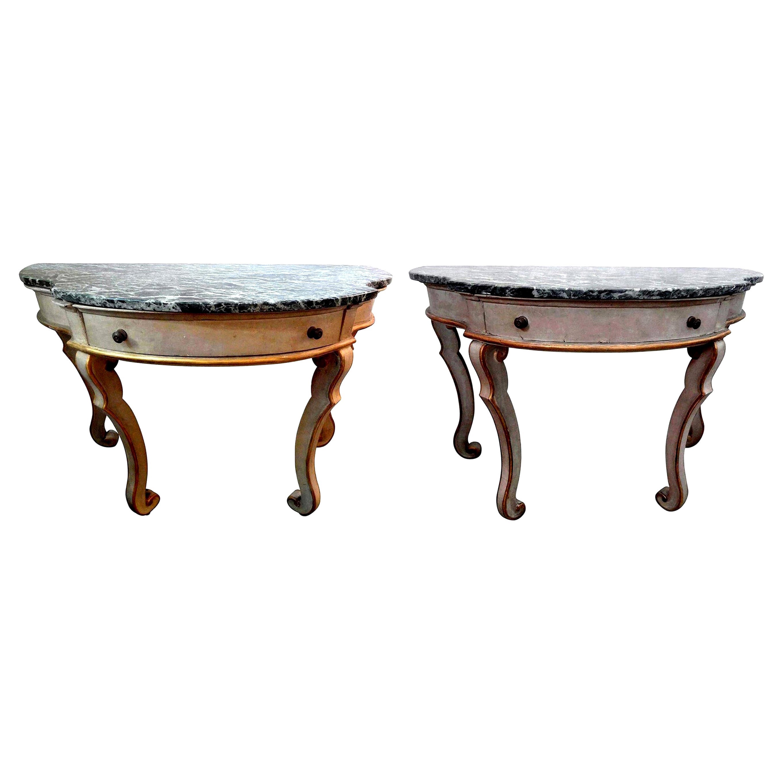 Pair of Italian Console Tables, Painted and Giltwood 