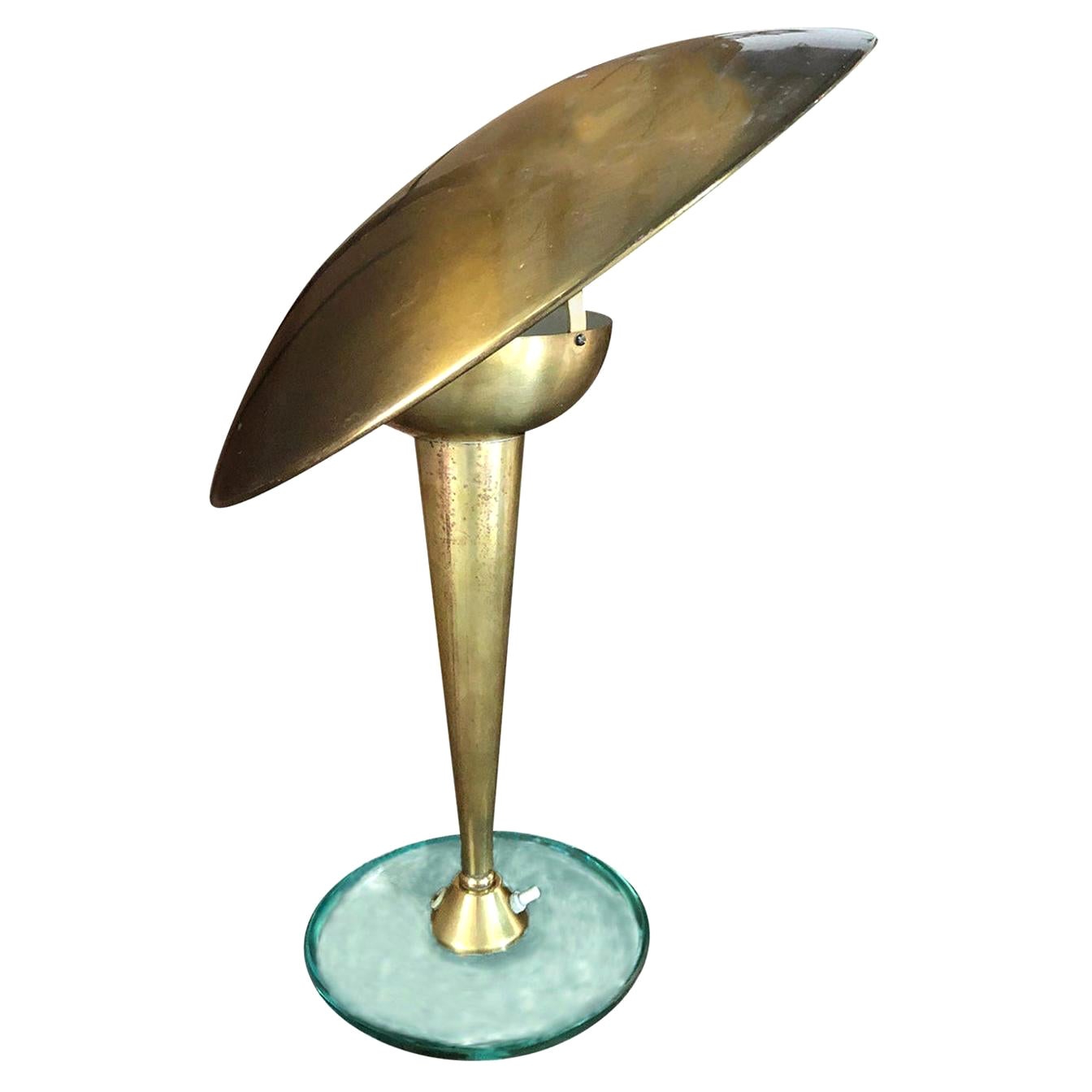 20th Century Gold Italian Small Brass Table Lamp, Glass Desk Light by Stilnovo