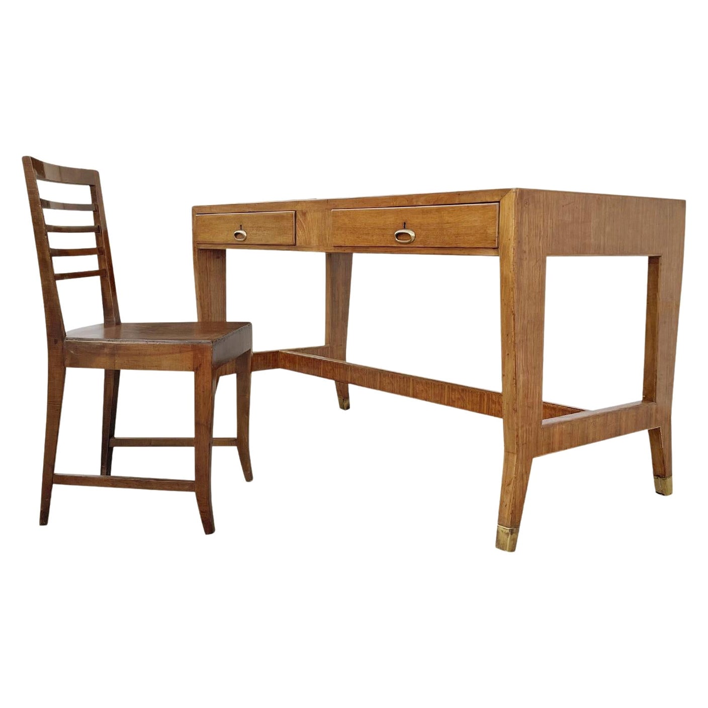 20th Century Italian Walnut Writing Table, Desk Set with a Chair by Gio Ponti For Sale