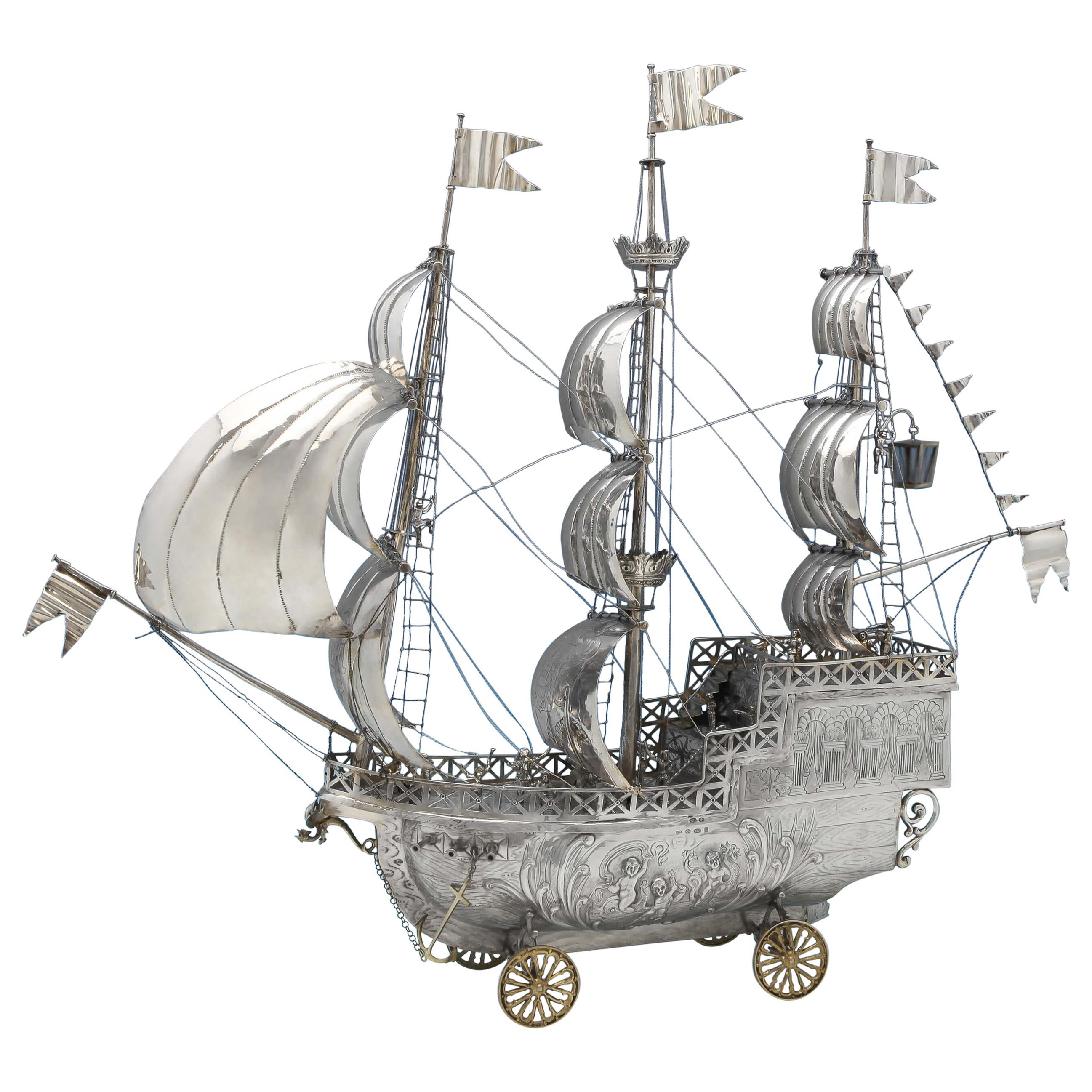 Very Large Antique Sterling Silver Ship Model - Hallmarked in 1925 - Silver Nef For Sale