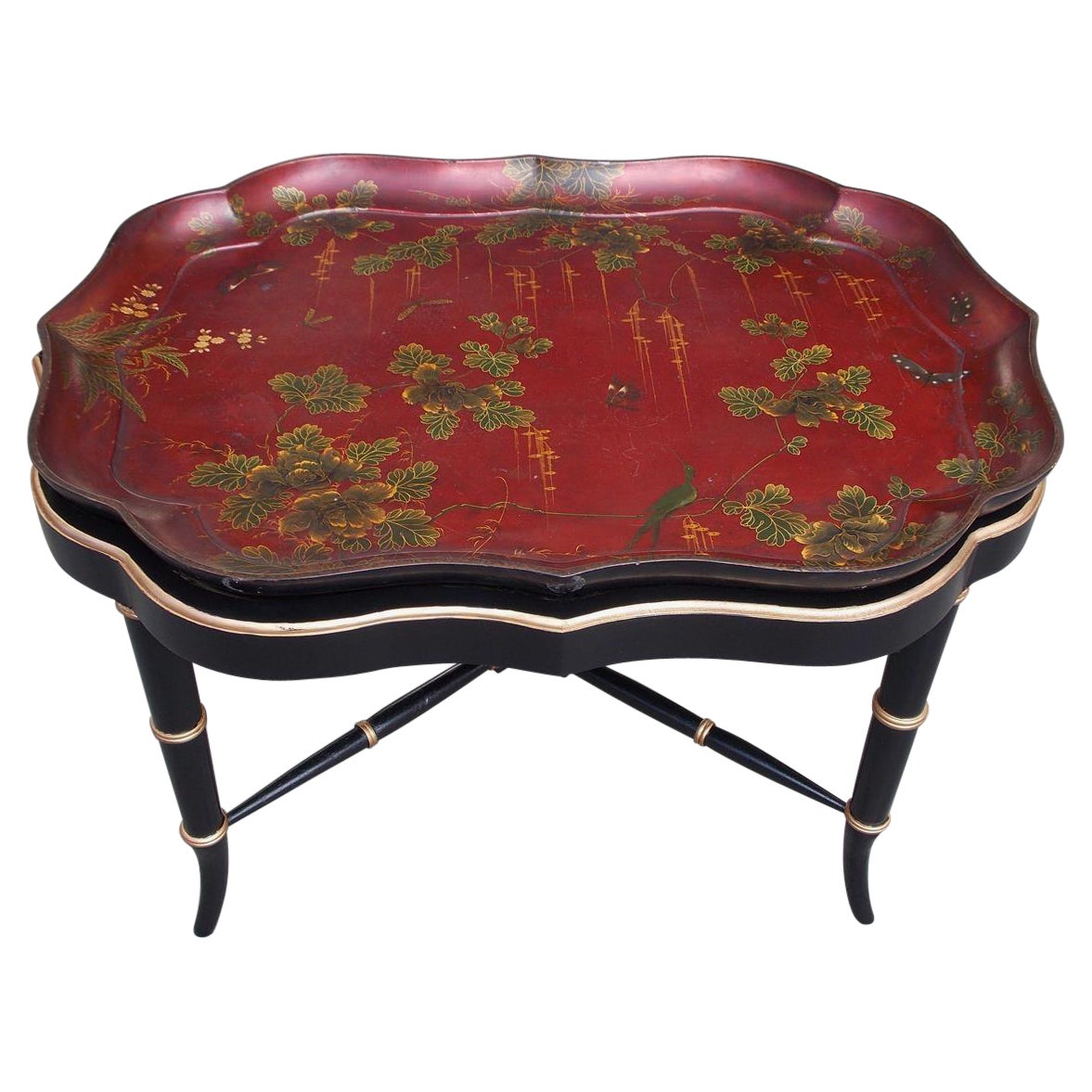 English Paper Mache Red Lacquered Scalloped Tray with Faux Bamboo Stand, C. 1810