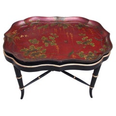 English Paper Mache Red Lacquered Scalloped Tray with Faux Bamboo Stand, C. 1810