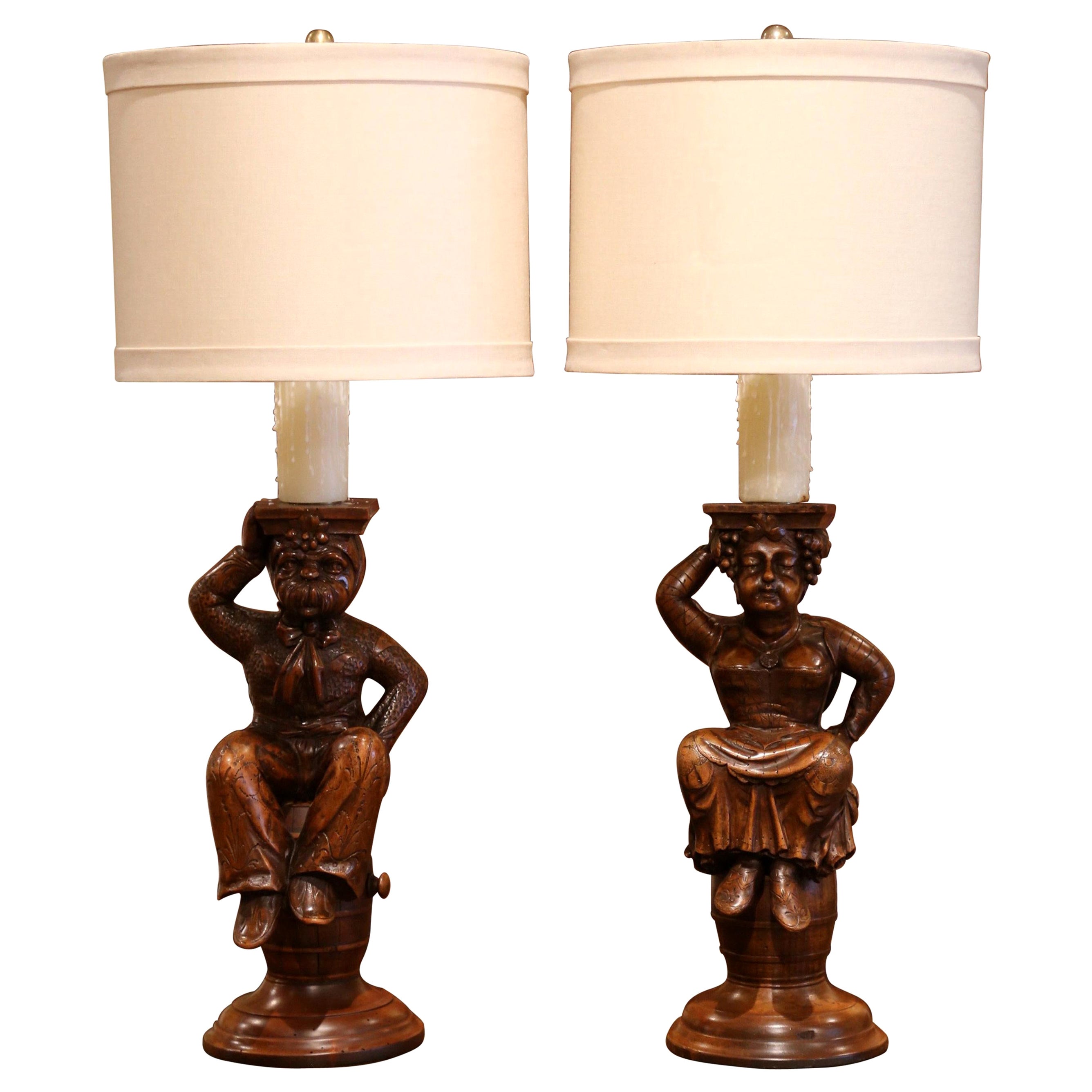 Pair of 19th Century French Carved Walnut Cabaret Figures Lamp Bases For Sale