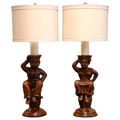 Used Pair of 19th Century French Carved Walnut Cabaret Figures Lamp Bases