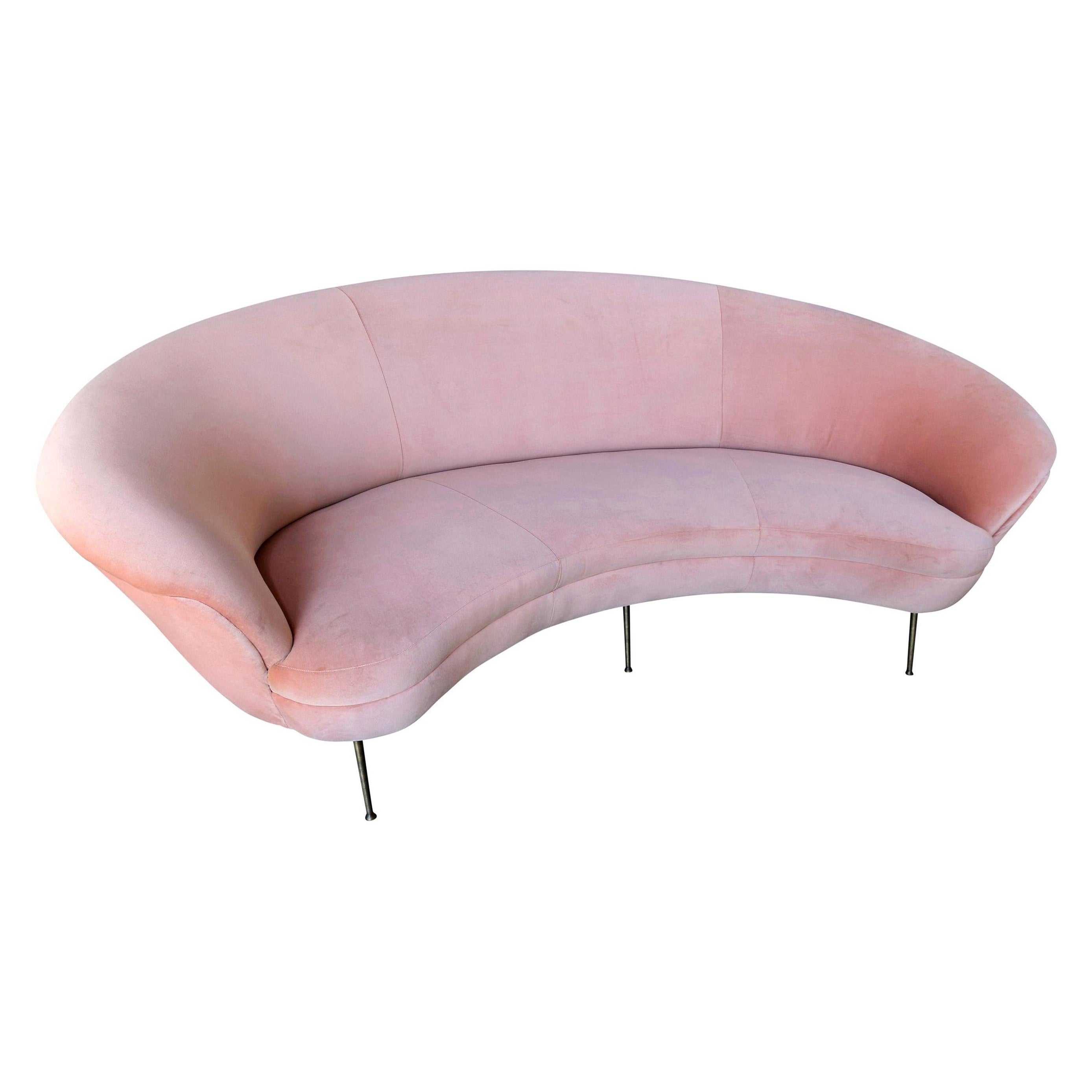 Custom MidCentury Style Curved Pink Velvet Sofa with Brass Legs by Adesso Import