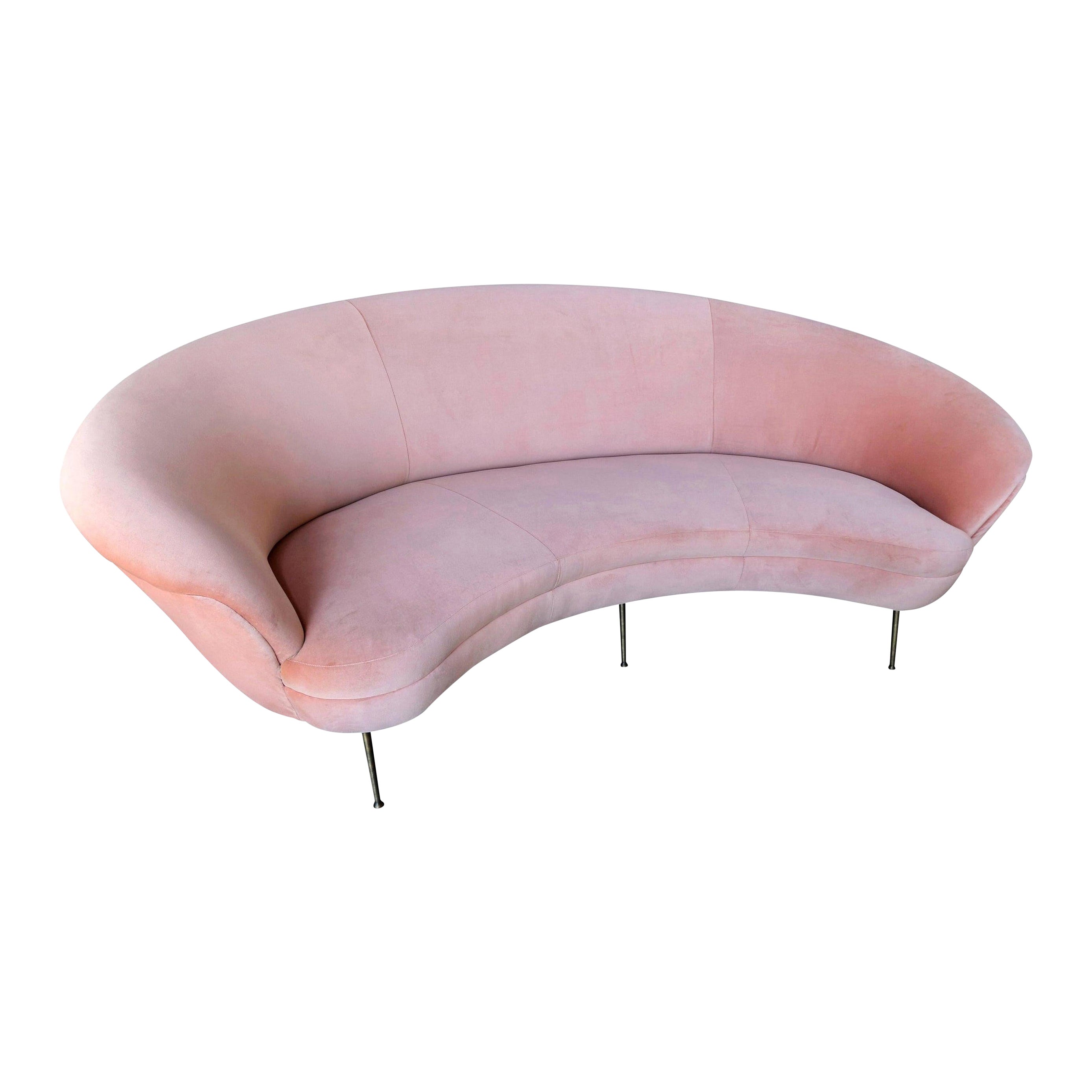 Custom MidCentury Style Curved Pink Velvet Sofa with Brass Legs by Adesso Import For Sale