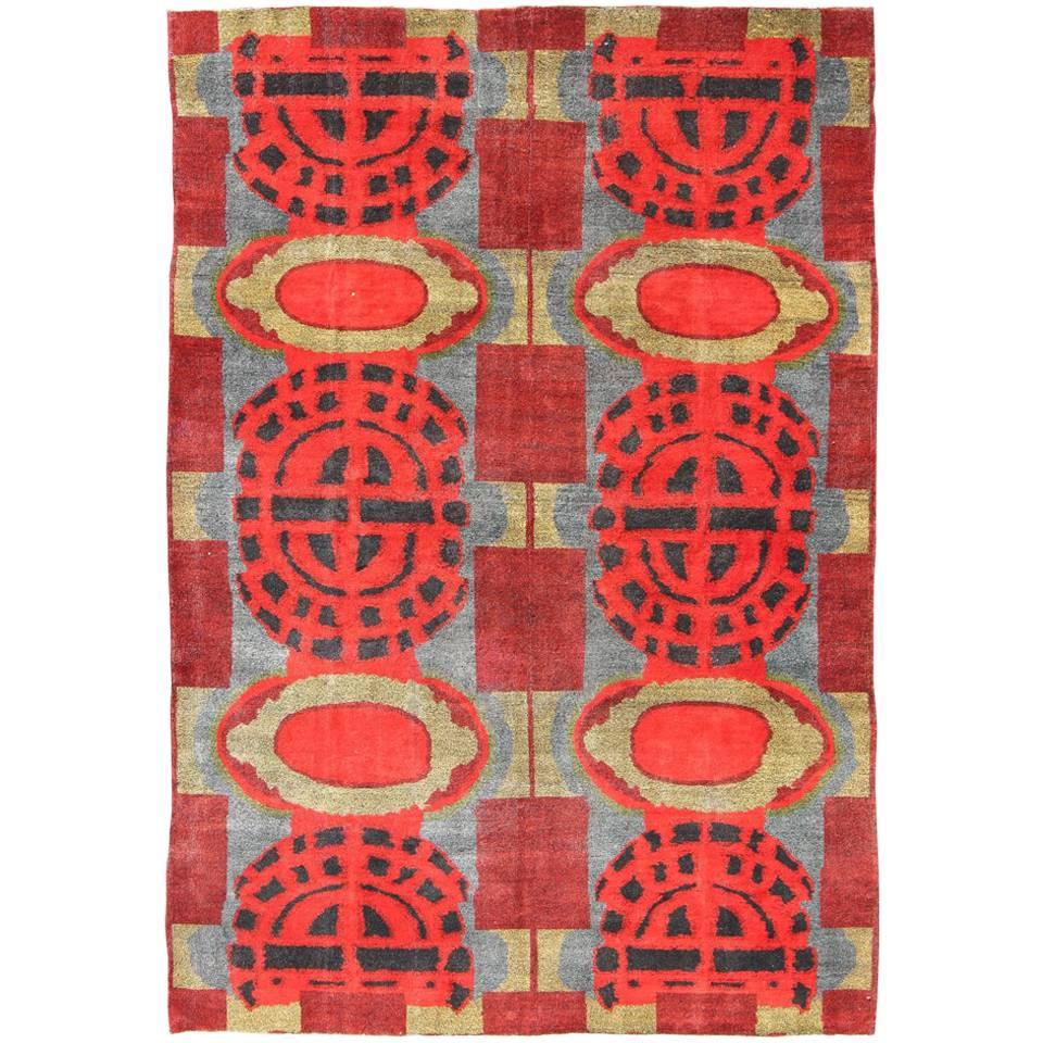  Art Nouveau Design Rug from the Mid 20th Century in Red, Green, Blue & Black    For Sale