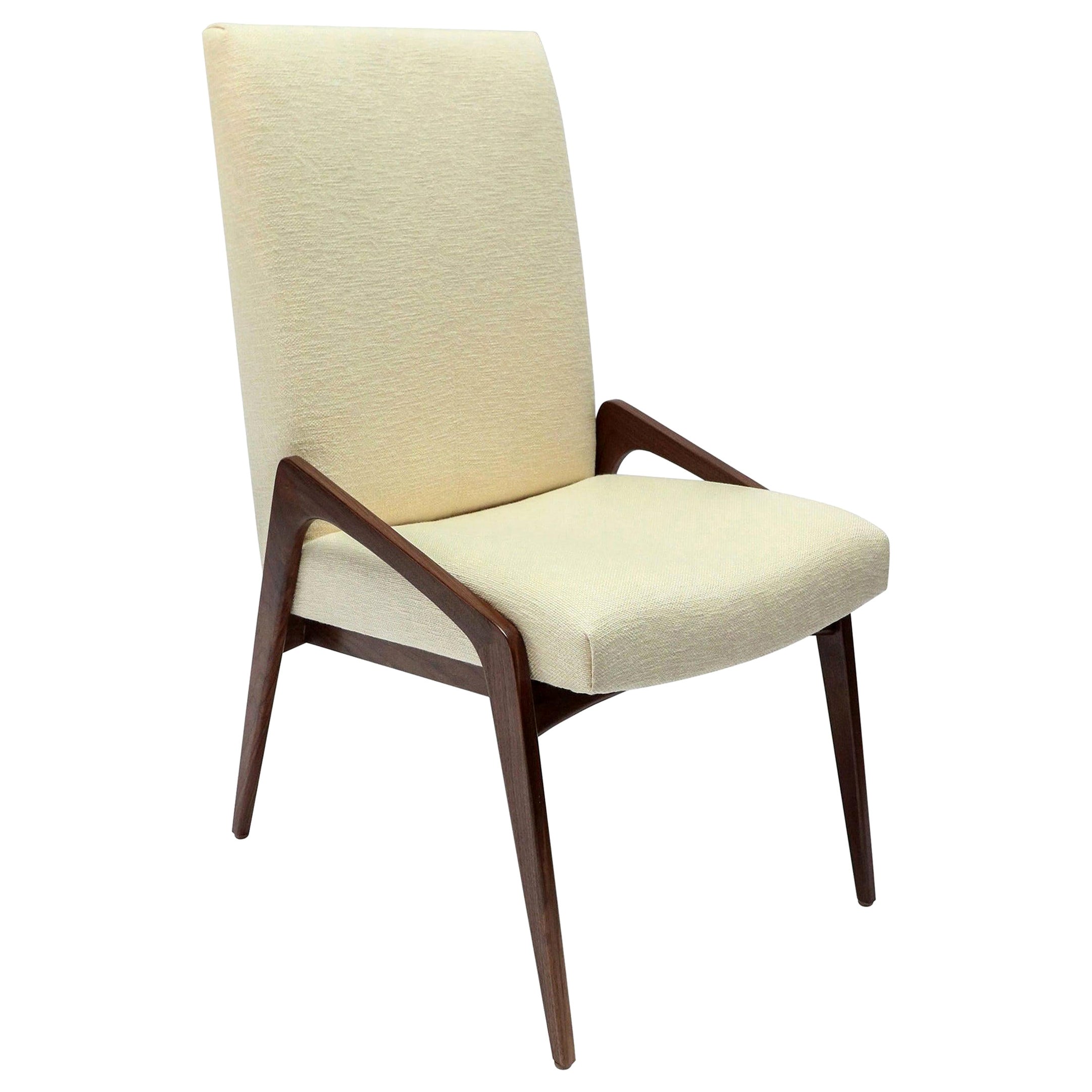 Custom Midcentury Style Walnut Dining Chairs in Ivory Linen by Adesso Imports For Sale