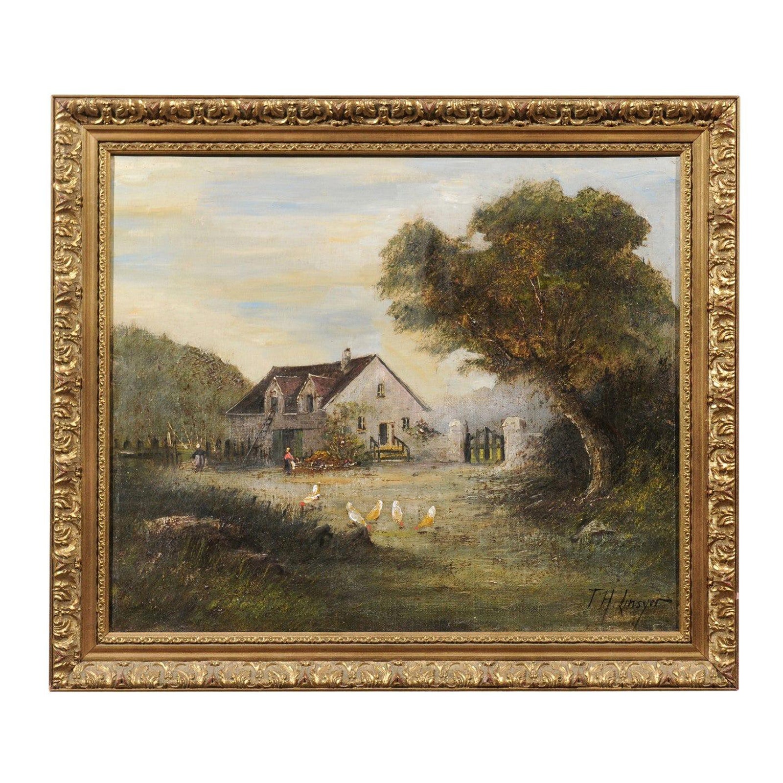 Huile sur toile encadrée de l'école française de Barbizon, peinture pastorale, signée Th. Linsyer en vente