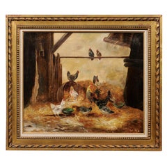 Peinture de grange à l'huile sur toile encadrée du 19e siècle avec coq, poules et poussins