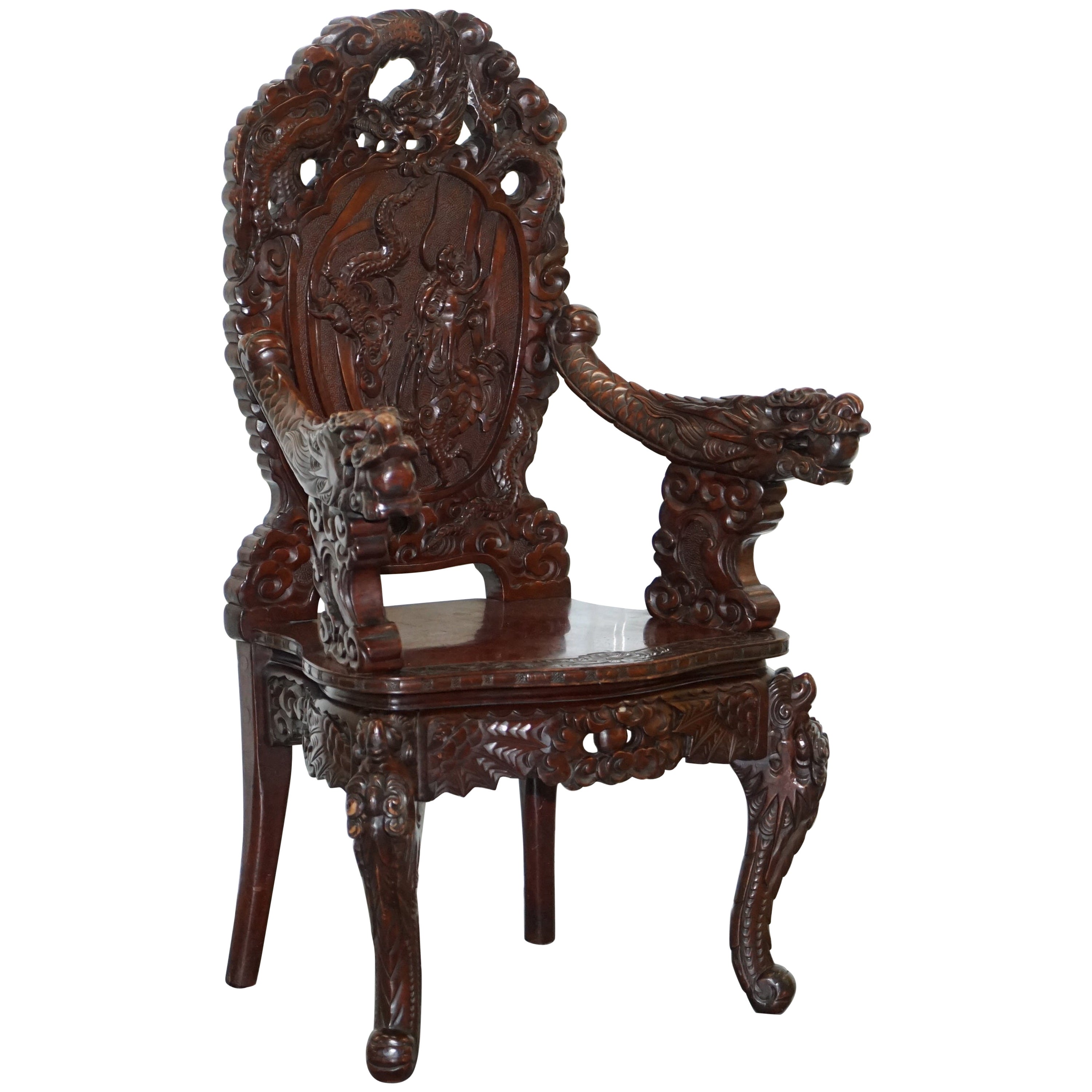 Pair of Vintage Oriental Dragon Carved Rosewood Lounge Throne Chair Armchairs For Sale at 1stDibs