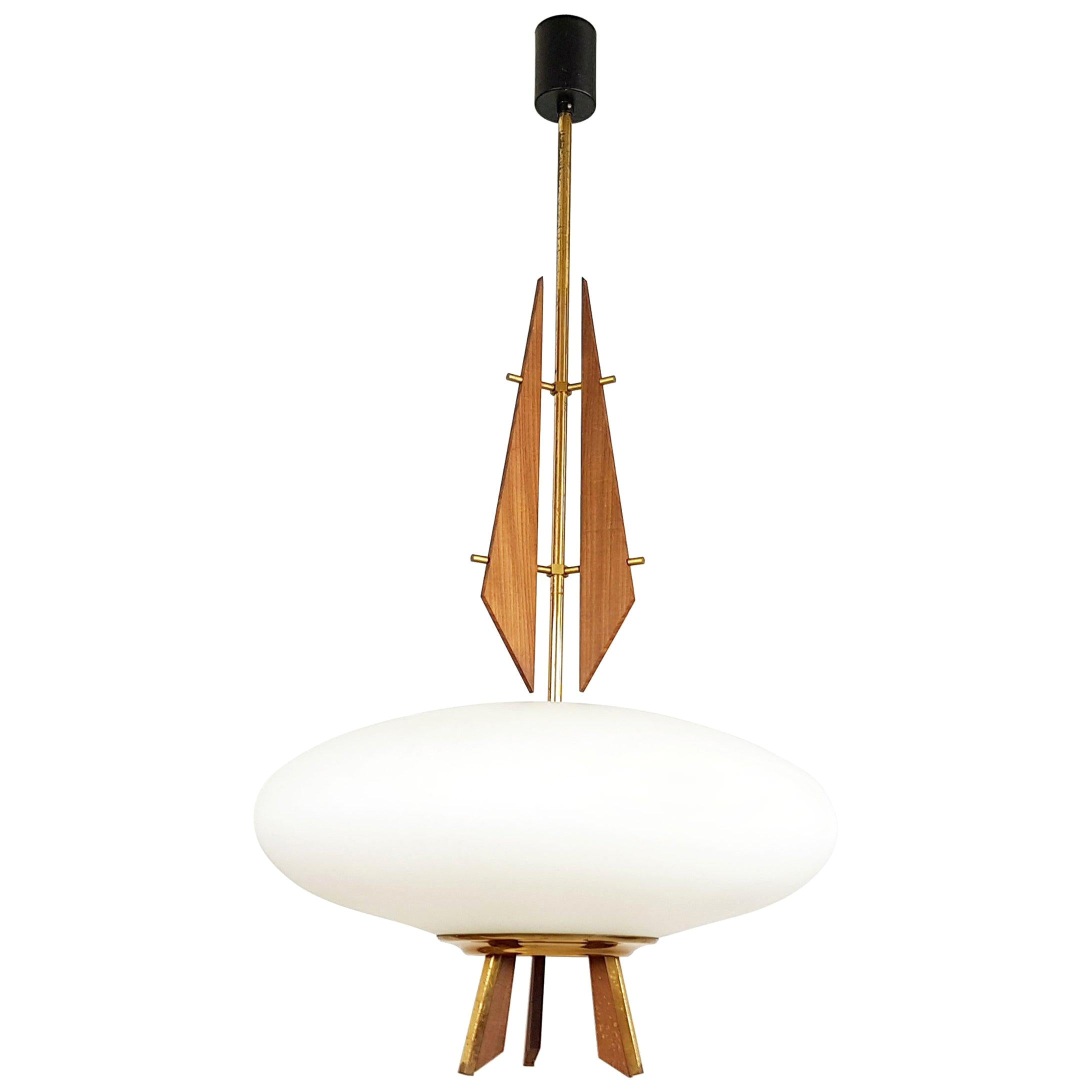 Italian Teak, Brass & Opaline Glass Shade 1960s Pendant Lamp