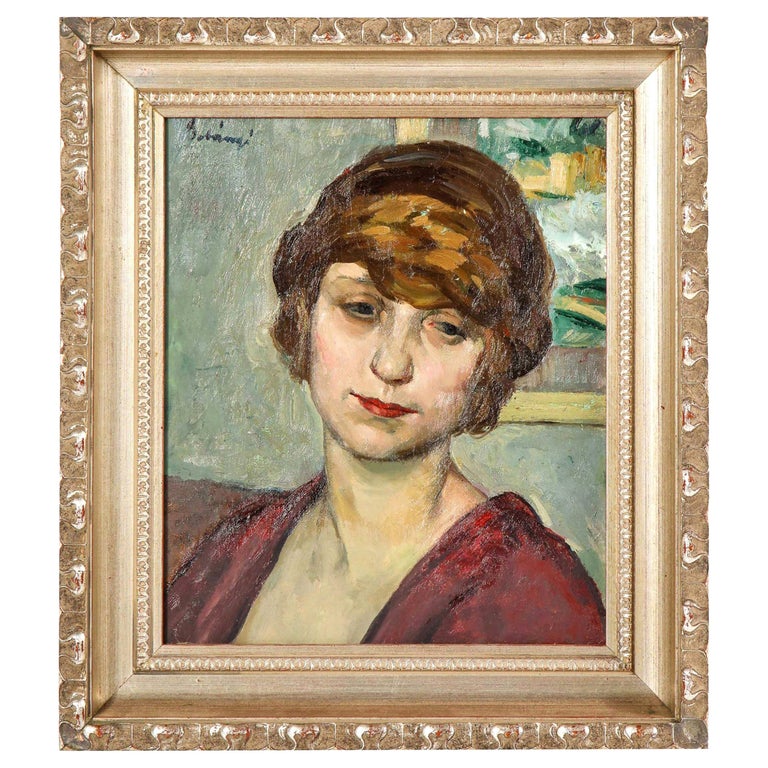 Painting, Signed, MidCentury Art, Green, Red and Taupe Colours, C 1950