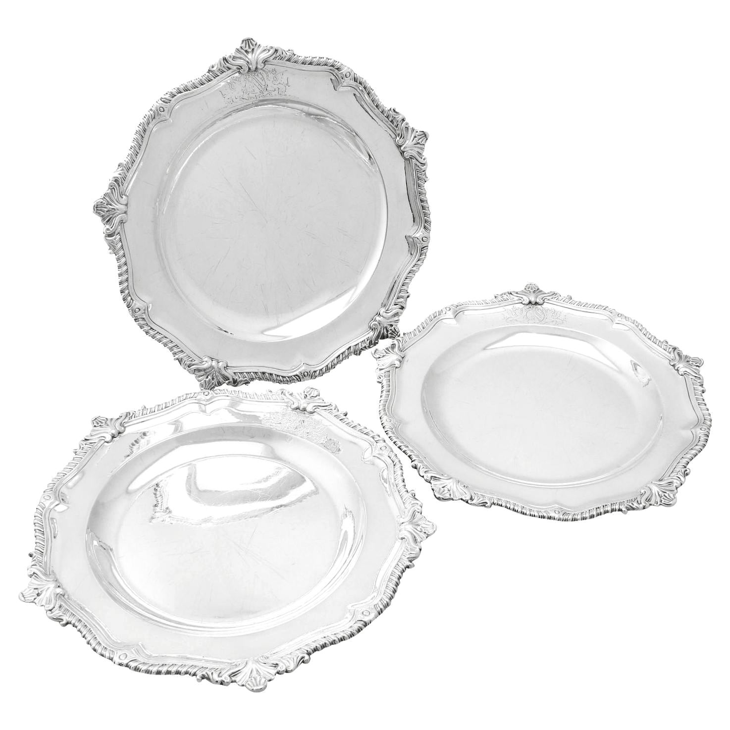 Antique Set of Three Sterling Silver Dinner Plates For Sale