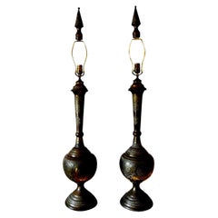 Pair of Moroccan Arabesque Style Incised Brass Lamps