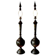 Vintage Pair of Moroccan Arabesque Style Incised Brass Lamps