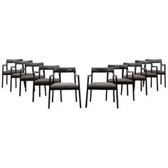 1940s Black Lacquered Wooden Set of Ten Edward Wormley Chairs, New Upholstery