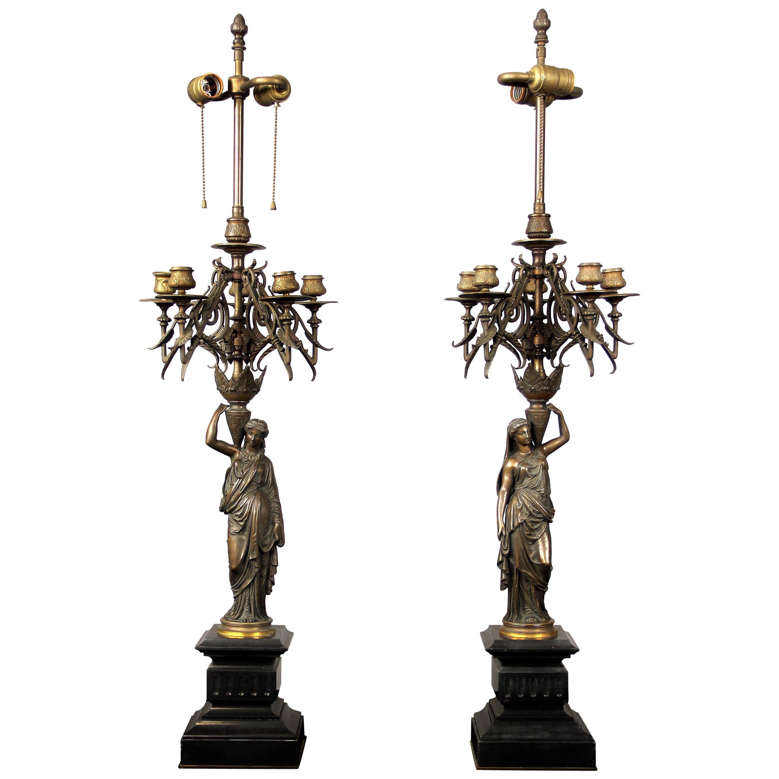 Nice Pair of Late 19th Century Patina Bronze Figural Candelabra Lamps