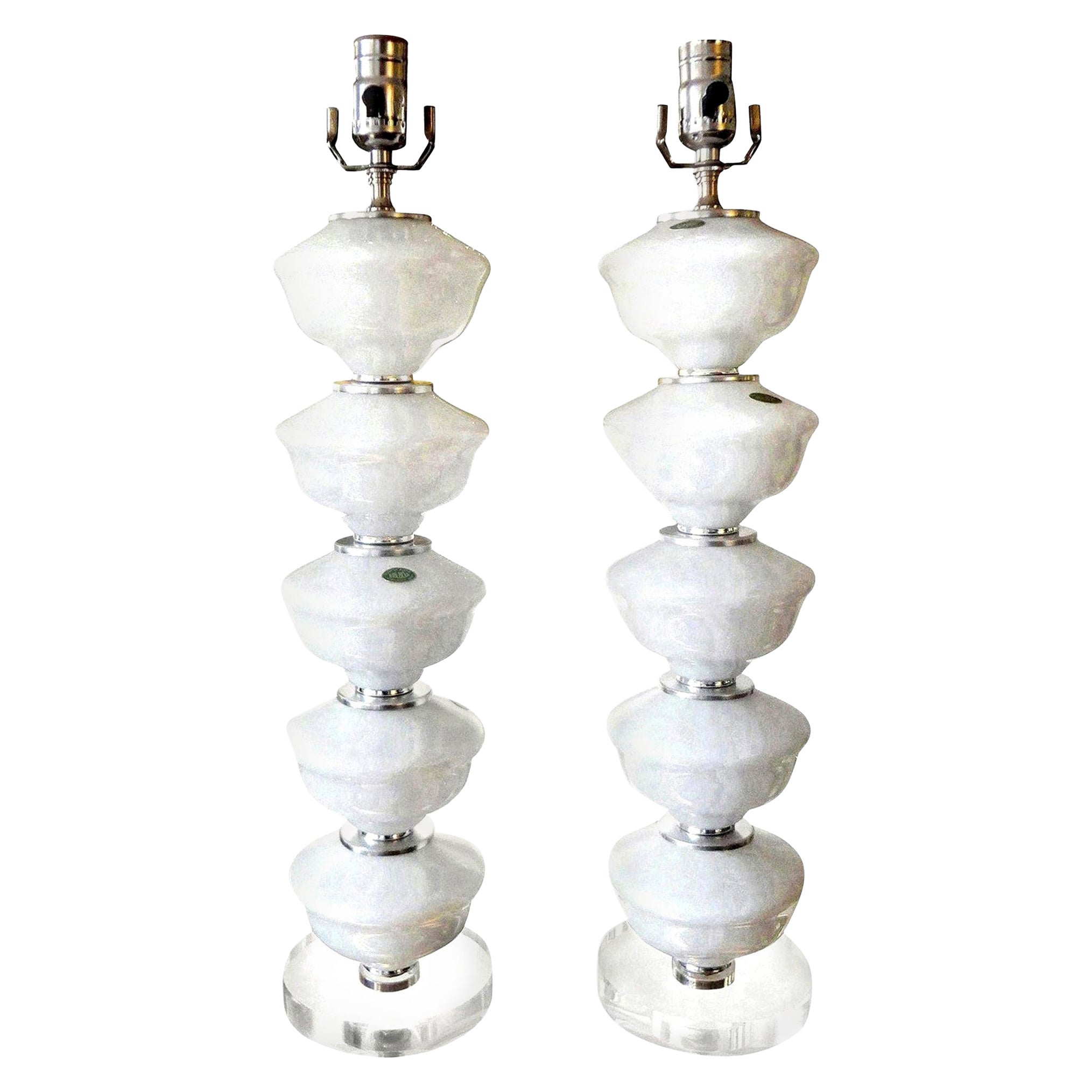 Pair of Midcentury White Murano Glass Lamps For Sale