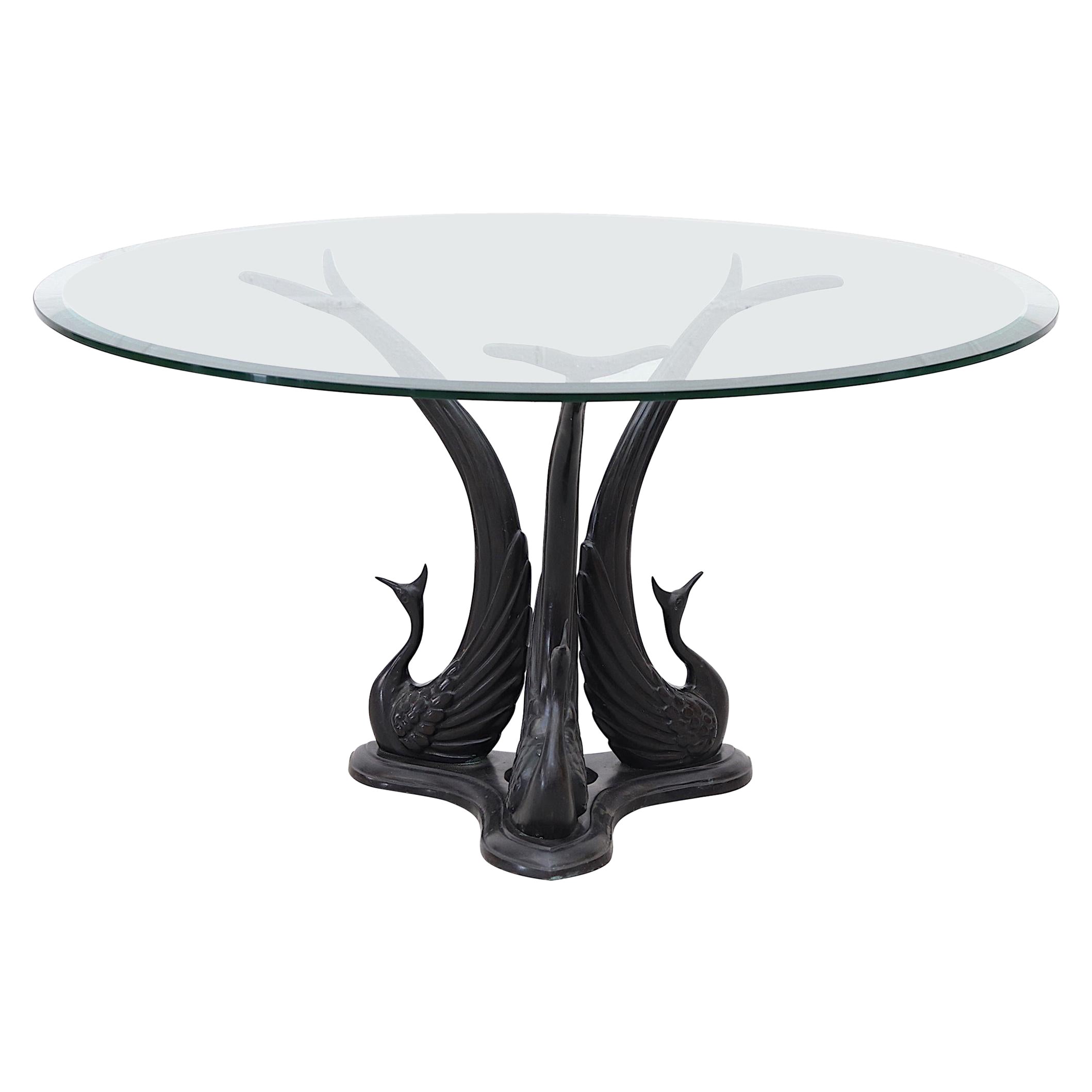 Table basse paon sculpturale française en bronze avec plateau en verre biseauté
