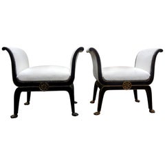 Pair of Italian Neoclassical Style Ebonized and Giltwood Benches