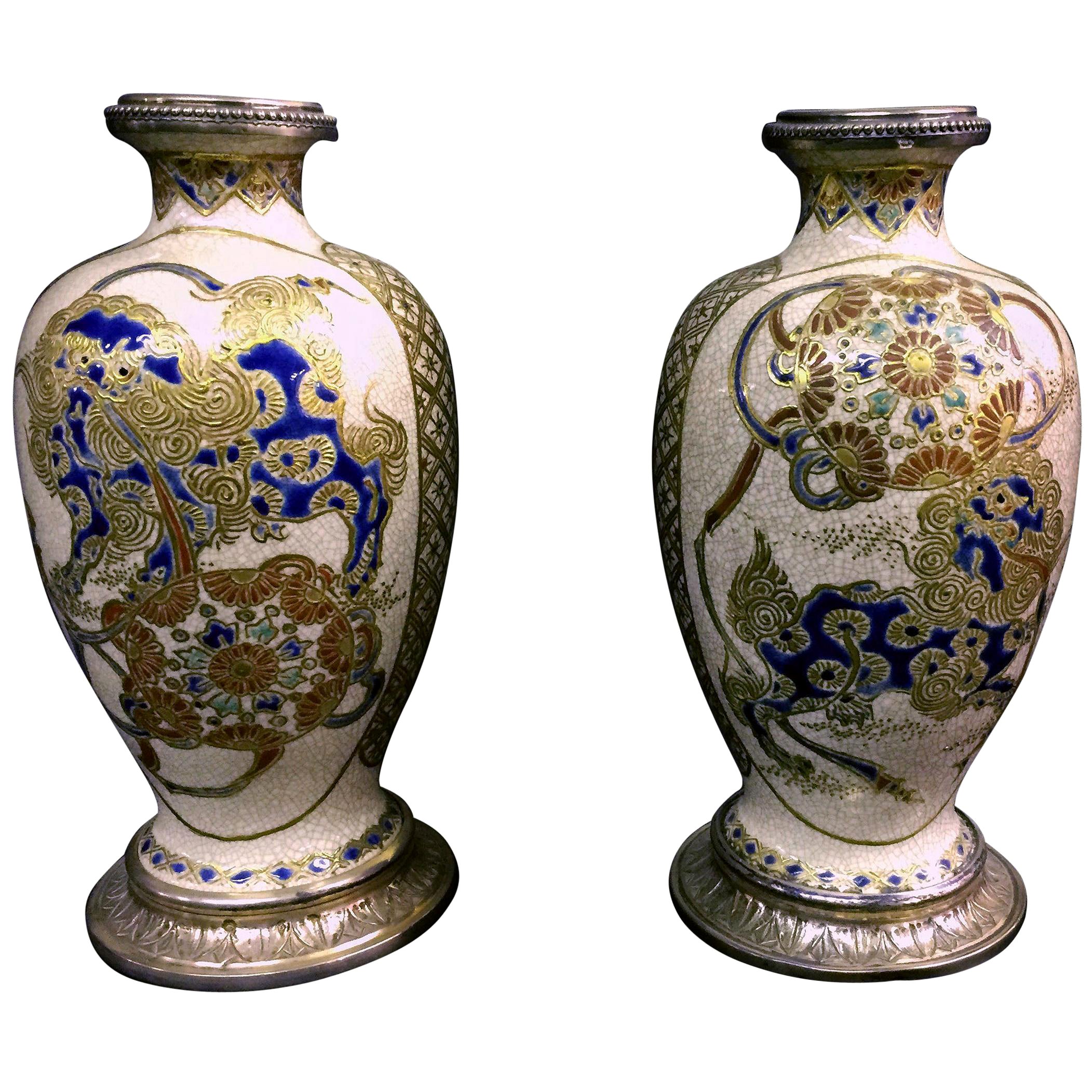 Nice Pair of Early 20th Century Silver Mounted Japanese Satsuma Porcelain Vases For Sale