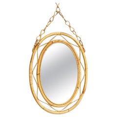 Midcentury Oval Wall Mirror with a Bamboo Frame and Hanger, Italy