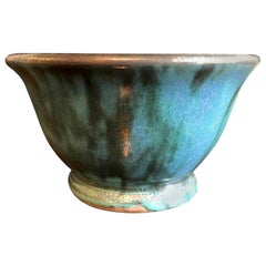 Glen Lukens Signed Midcentury Blue with Gold Crackle Glazed Ceramic Pottery Bowl