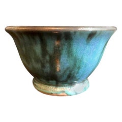 Glen Lukens Signed Midcentury Blue with Gold Crackle Glazed Ceramic Pottery Bowl