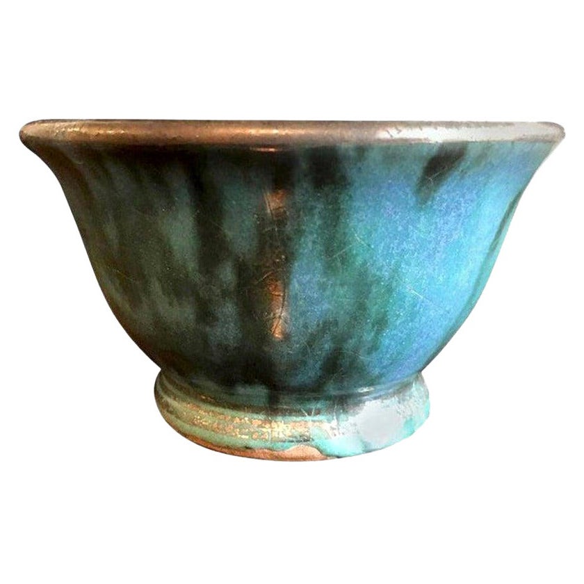 Glen Lukens Signed Midcentury Blue with Gold Crackle Glazed Ceramic Pottery Bowl For Sale