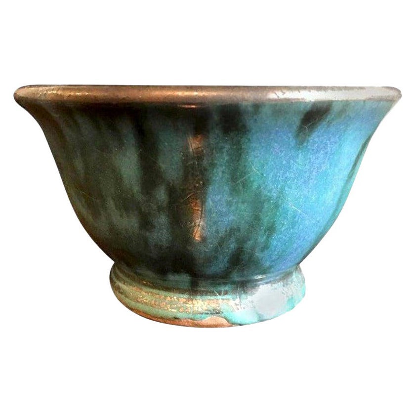 Glen Lukens Signed Midcentury Blue with Gold Crackle Glazed Ceramic Pottery Bowl