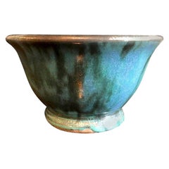 Glen Lukens Signed Midcentury Blue with Gold Crackle Glazed Ceramic Pottery Bowl