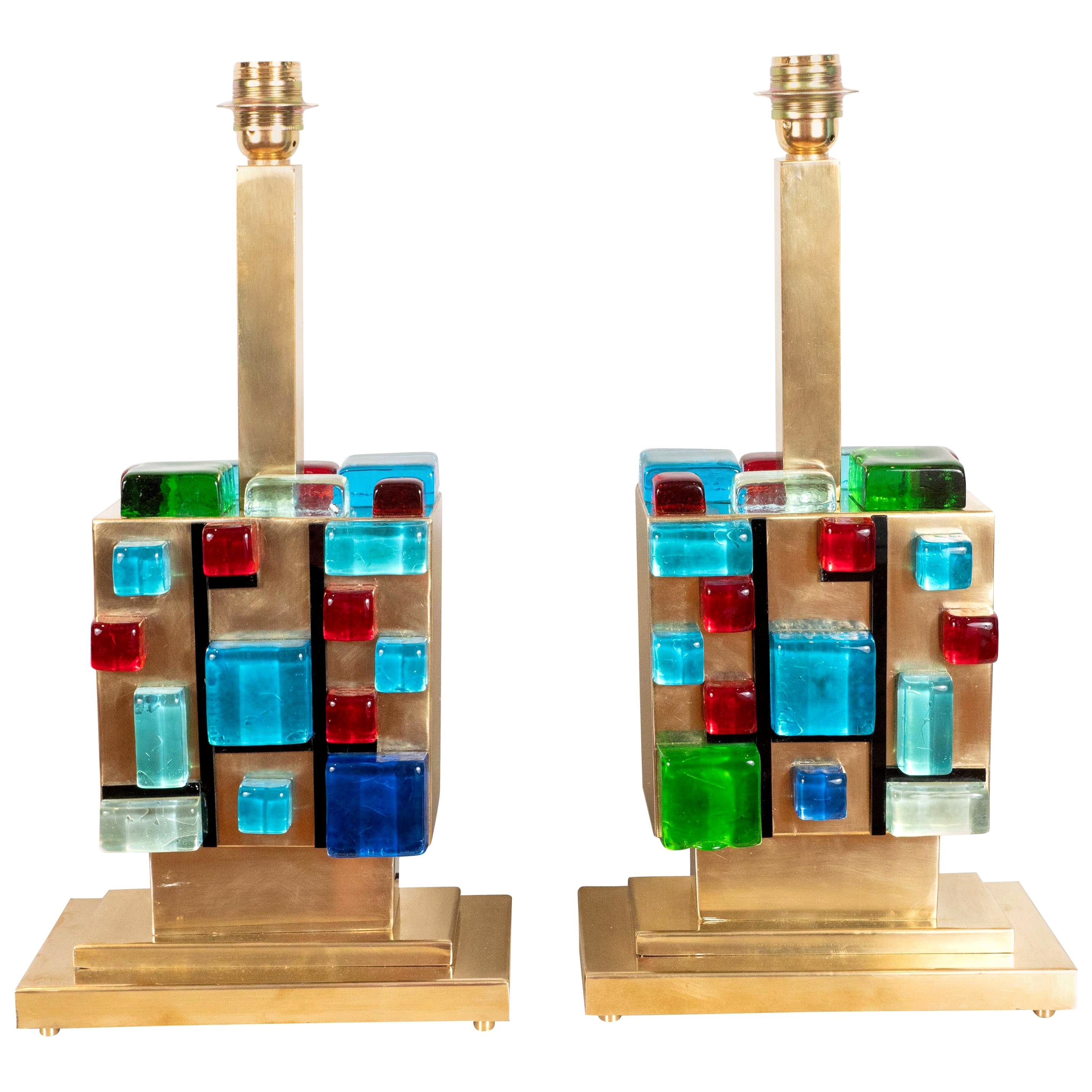 Pair of Multi-Colored Murano Glass and Brass Geometric Square Lamps, Italy For Sale