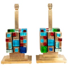 Pair of Multi-Colored Murano Glass and Brass Geometric Square Lamps, Italy
