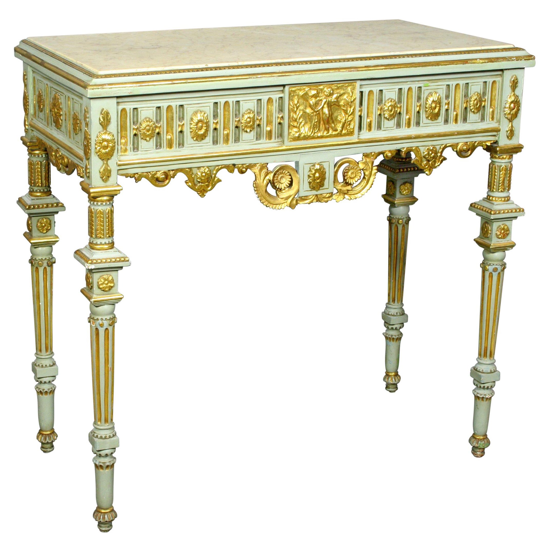 French Painted and Carved Gilt Console Table with Rose Marble Top 19th Century For Sale