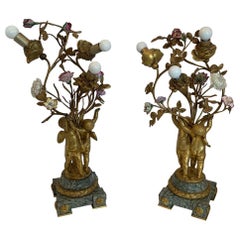Antique Francois Linke French Louis XV Bronze Porcelain Pair Cupid Cherub Candelabras