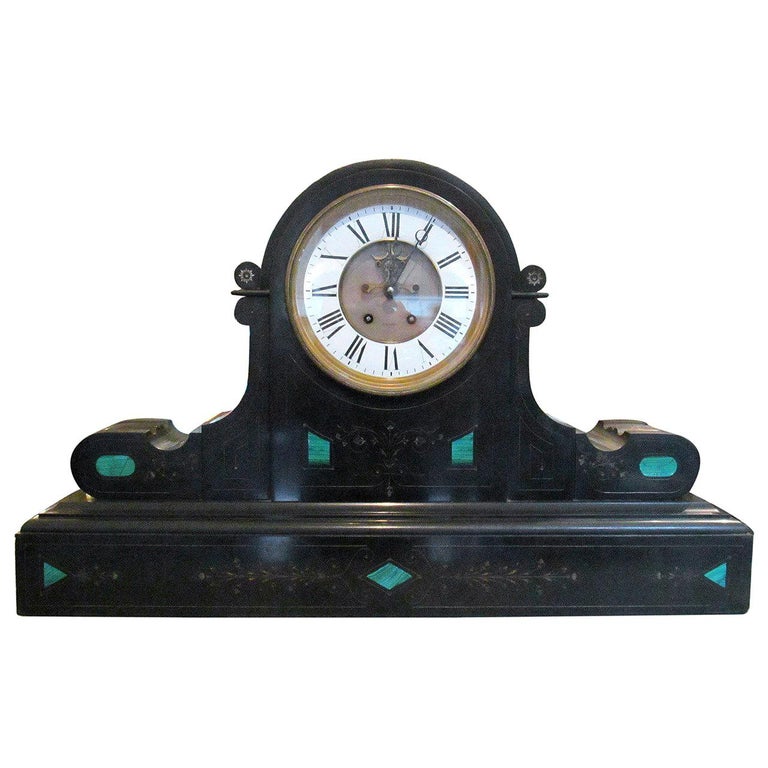 Brocot and Delettrez Style Carved Black Slate Clock with Inlaid Malachite, 1860s