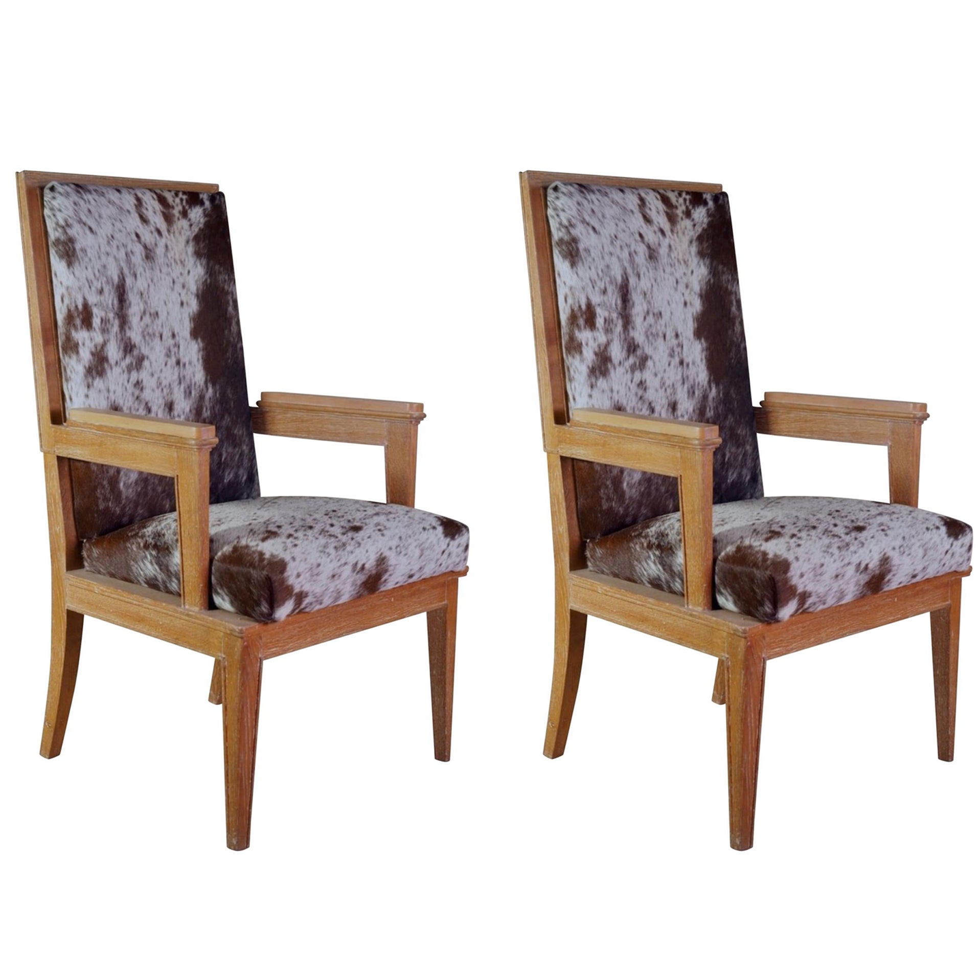 Maurice Jallot Pair of Oak Armchairs with Pony Hide For Sale